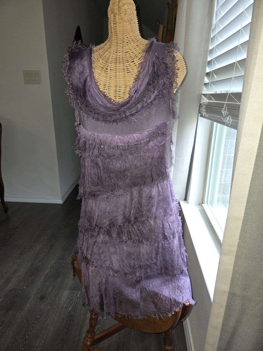 Purple Tiered Silk Italian Fringe Sleeveless Dress